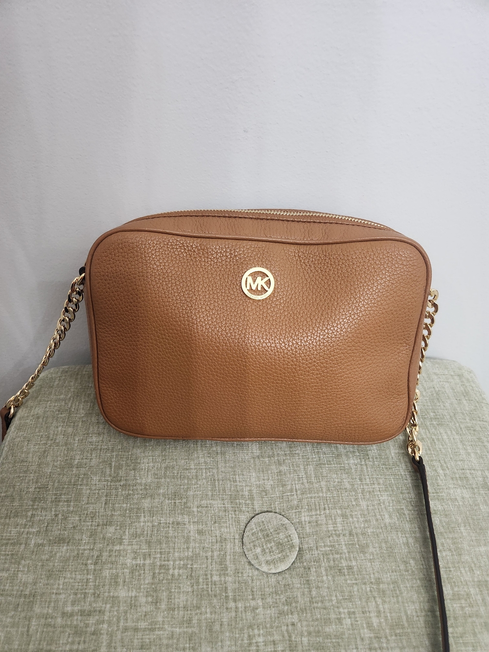 Michael Kors Pebbled Leather Crossbody Camera Bag in Tan with Gold Hardware